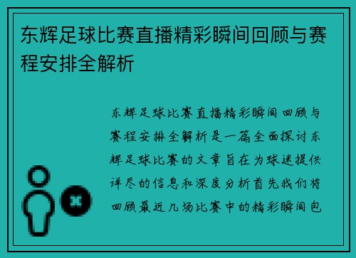 东辉足球比赛直播精彩瞬间回顾与赛程安排全解析